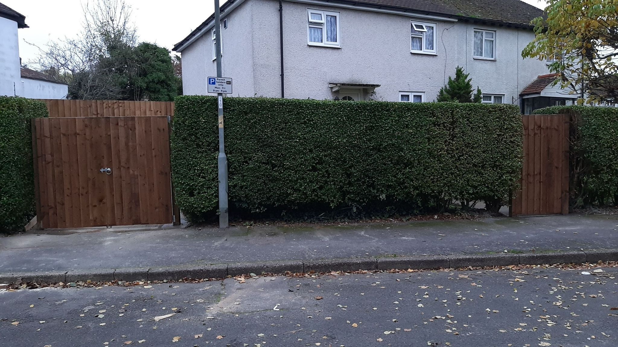 Driveway entrance with wooden fence panels and hedge landscaping